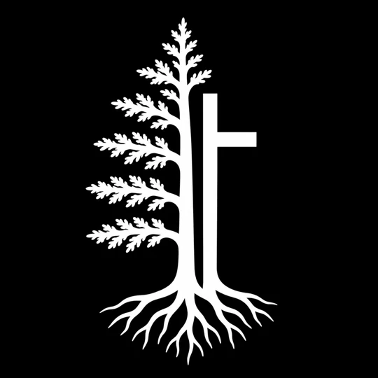 The Cedar tree, roots and cross logo